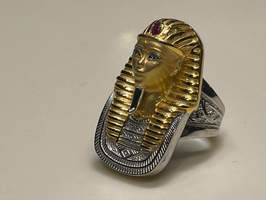 King Tutankhamun Ring — 925 Silver with Platinum, 24K Gold & Ruby