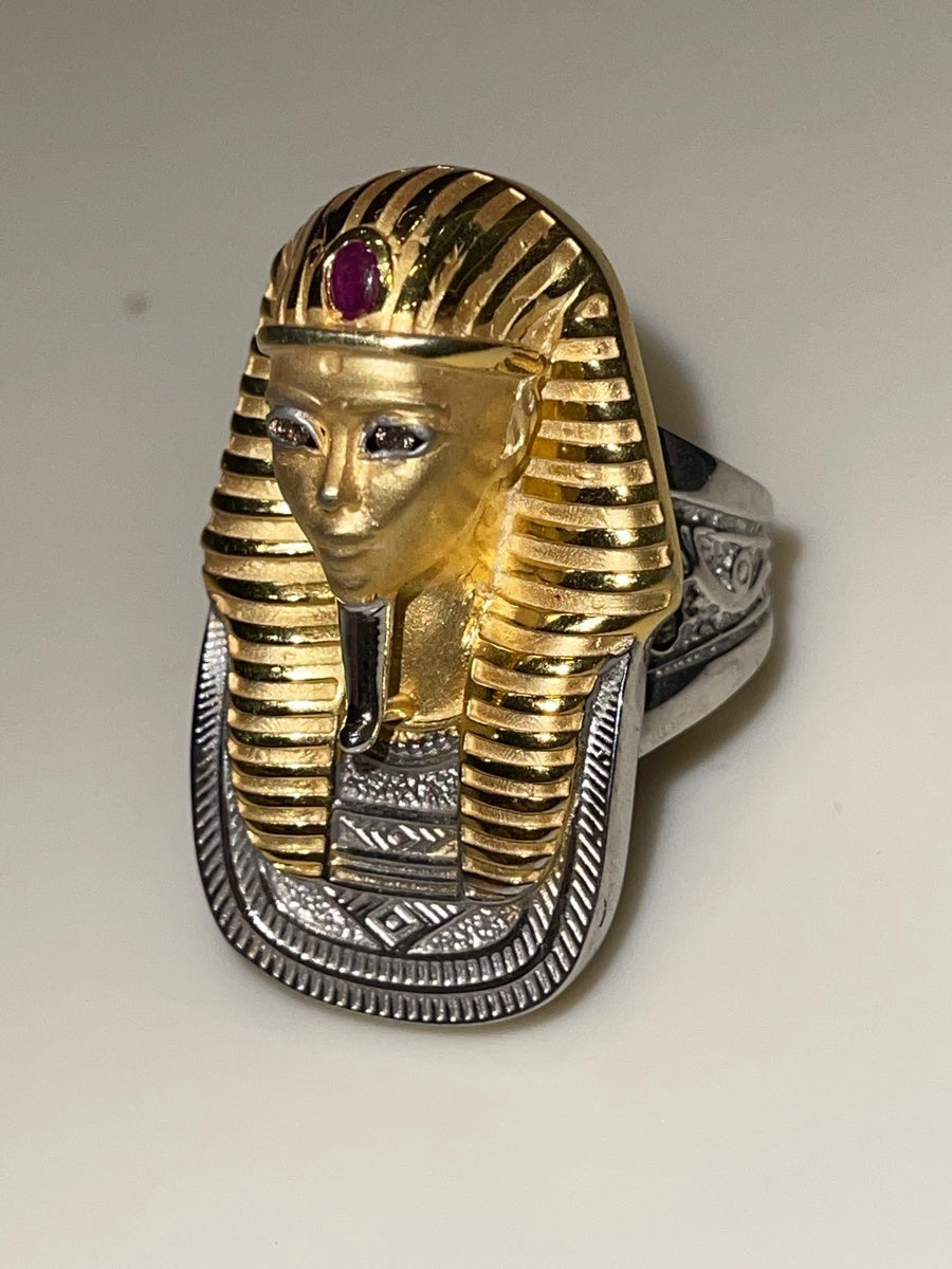 King Tutankhamun Ring — 925 Silver with Platinum, 24K Gold & Ruby