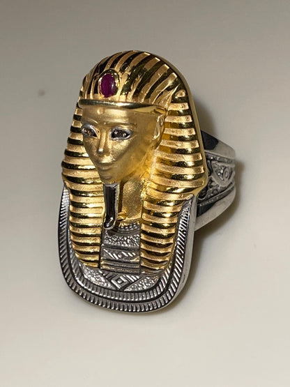 King Tutankhamun Ring — 925 Silver with Platinum, 24K Gold & Ruby