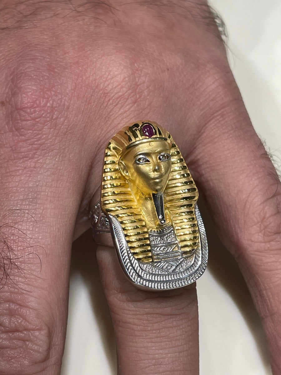 King Tutankhamun Ring — 925 Silver with Platinum, 24K Gold & Ruby